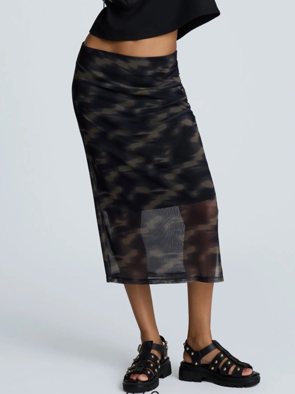 NEW Kenneth Cole Medium Pull-On Mesh Midi Skirt Ruched Black Olive
